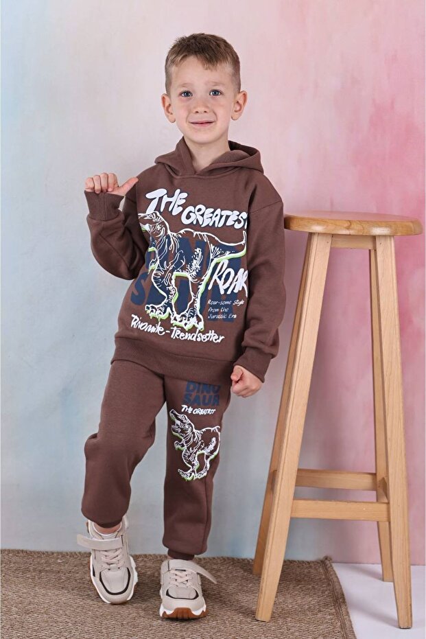 Pjk3I Dinosaur Patterned Brown 3 Thread Raster Hooded 100% Cotton Boy's Tracksuit Set 3-10