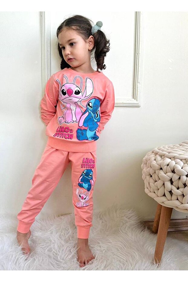 Pjk2I Lilo Stitch Patterned Salmon 2 Thread 100% Cotton Tracksuit Set for Girls 3-10 Years 7292-S