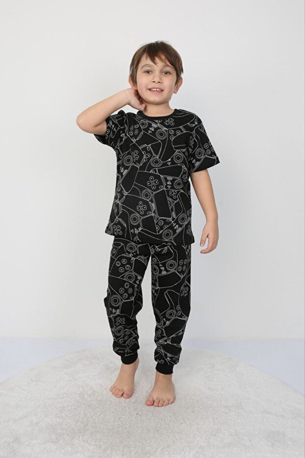 İsob Black Atary Patterned 100% Cotton Boy Short Sleeve Pajama Set 3-8 Years 41306-S
