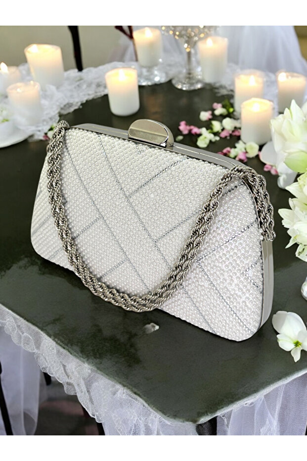 Ecru Gold Color Pearl Chain Handle Women's Evening Dress Bag Graduation Wedding Engagement
