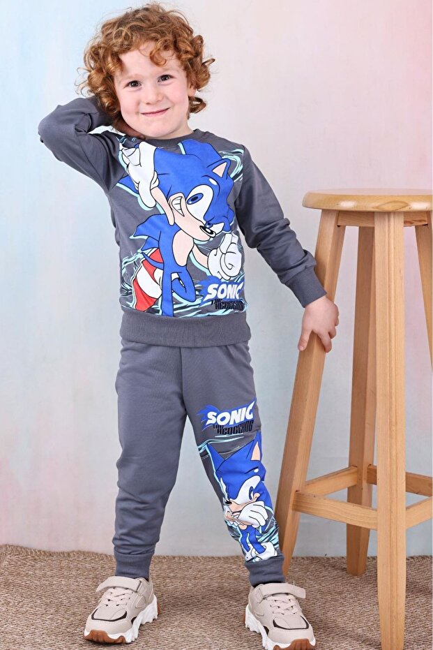 Pjk2İ Sonic Patterned Smoked 2-Strand 100% Cotton Boys' Tracksuit Set 3-10 Years 7429-F
