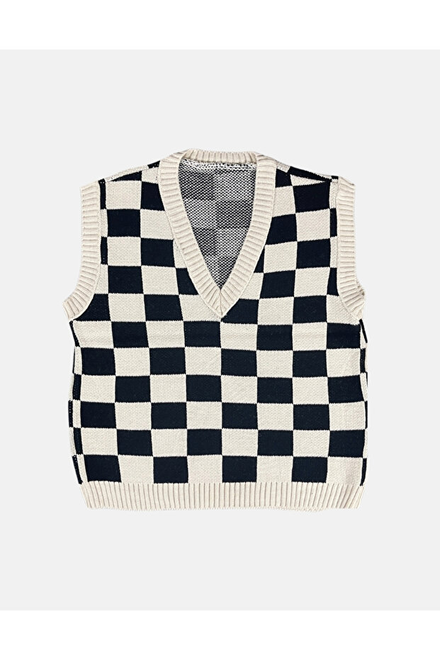Square Patterned V-Neck Sweater - 2