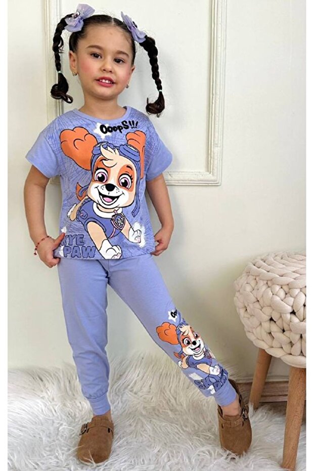 Patterned Lilac Tracksuit Girl's Short Sleeve Suit 3-10 Years 7436-L