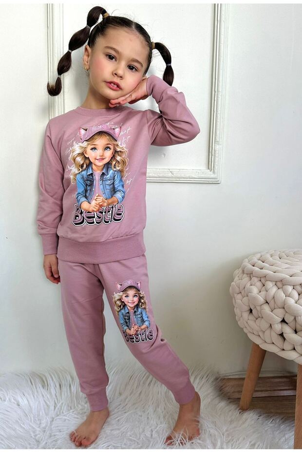 Pjk2İ Hat Girl Patterned Dusty Rose 2 Thread 100% Cotton Girls' Tracksuit Set 3-10 Years 7403-Gk