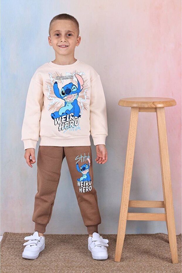 طقم بدلة رياضية للأولاد PJK3I Hero Stitch منقوشة باللون البني 3 خيوط 100% قطن للأولاد من سن 3 إلى 10 سنوات 7
