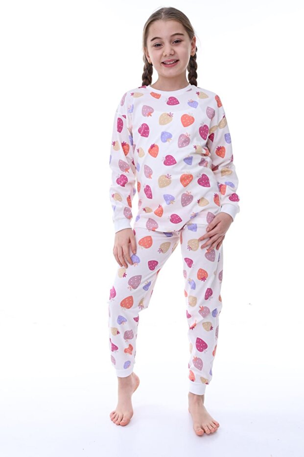 İsob Ecru Strawberry Patterned 100% Cotton Girls' Pajama Set 3-13 Years 31232-E