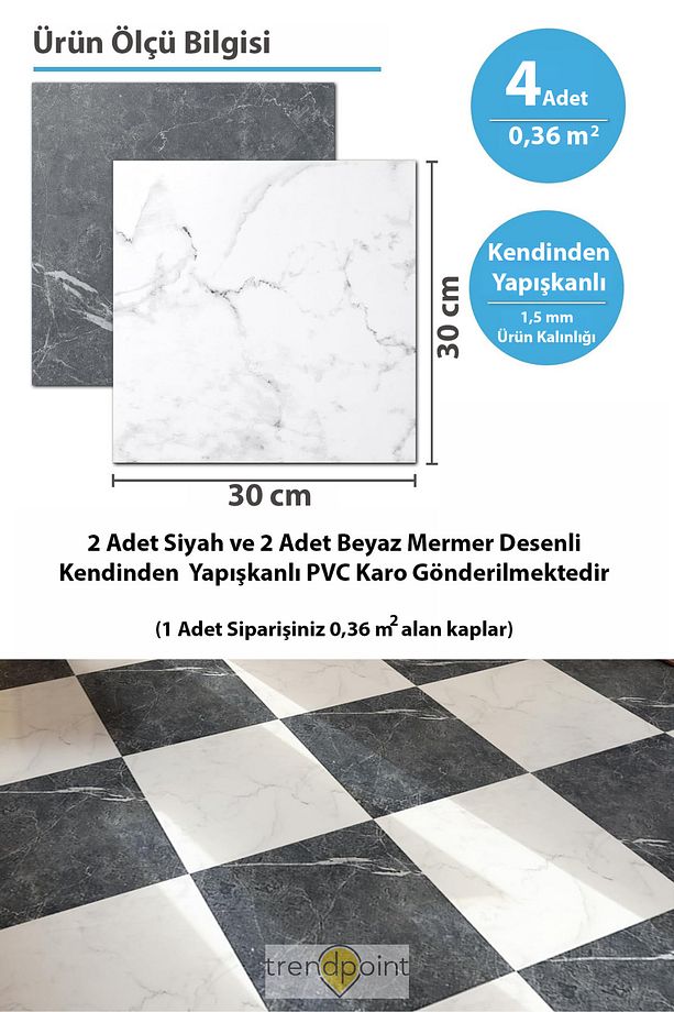 4 Adet LVT Zemin ve Duvar Kaplama Kendinden Yapışkanlı 30cm×30cm Mutfak Banyo Antre Karo - 6