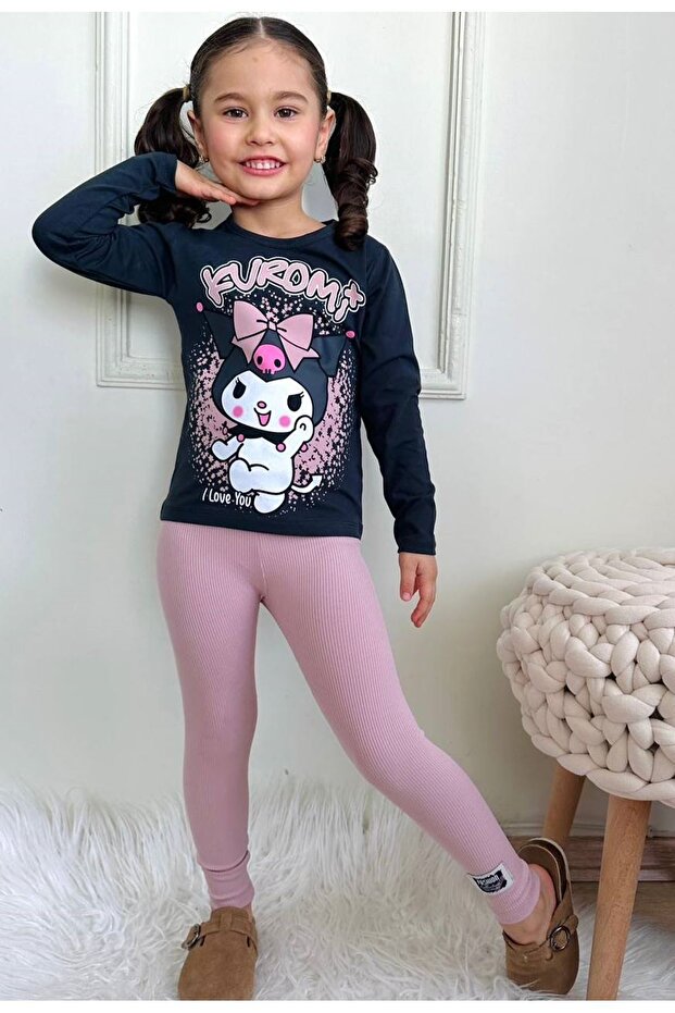 Kuromi Patterned Black-Pink Tights Girl's Set (3-10 Years Old) 7498-Gk