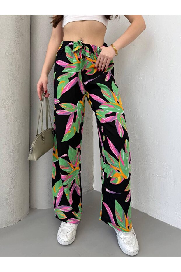Leaf Patterned Viscon Fabric Trousers - 1