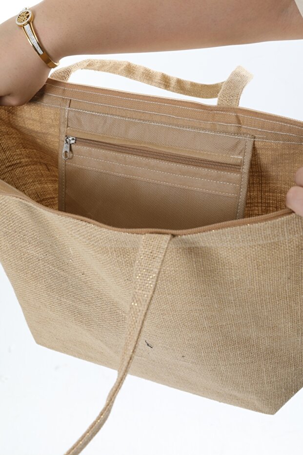Fermuarlı Simli Jüt Plaj Çantası - 3