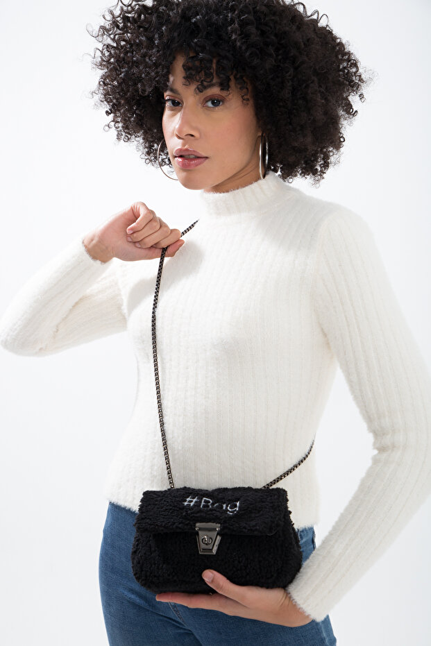 Siyah Mini Peluş Çanta - 6