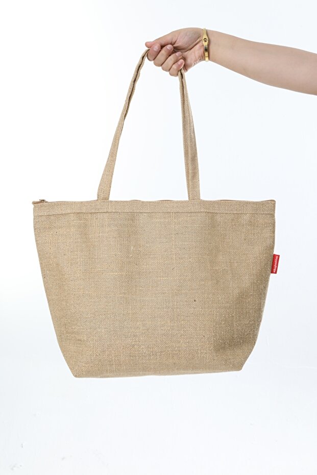 Fermuarlı Simli Jüt Plaj Çantası - 4