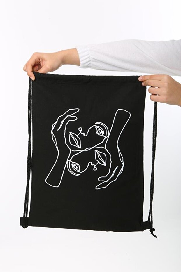 Hands on Face Printed Drawstring Black Backpack - 2