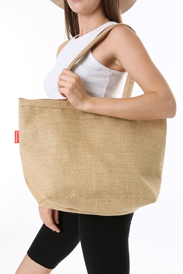 Fermuarlı Simli Jüt Plaj Çantası - 6