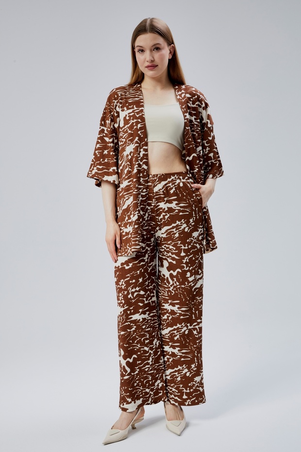 Mooncover Women's Casual Summer Kimono and Loose Pants with Pockets Two-Piece Set – Brown