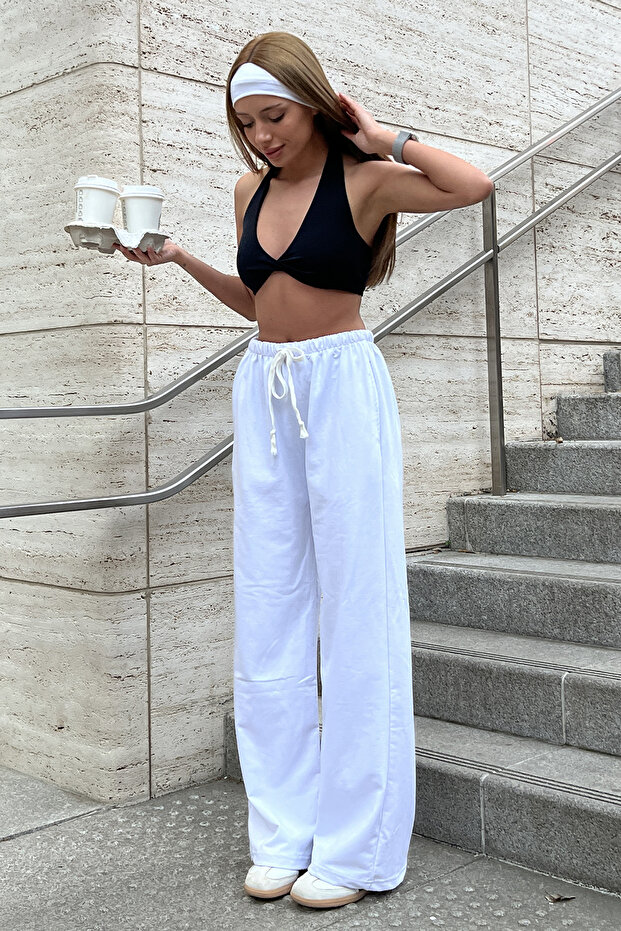 Women's White High Waist Two Thread Wide Leg Palazzo Sweatpants