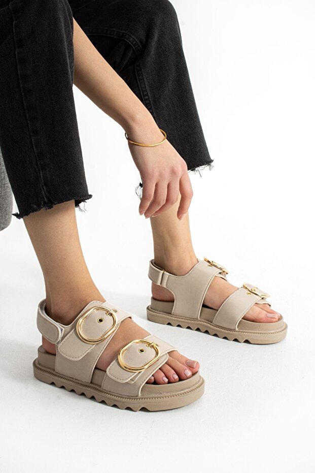 Beige Women's Double Buckle Comfortable Anatomical Comfort Ergonomic Flatform Sandals