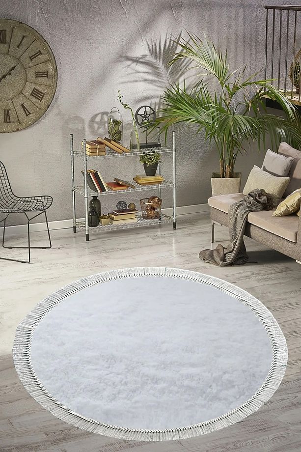 Püsküllü Yıkanabilir Yumuşak Peluş Yuvarlak Çocuk Odası Oturma Odası Salon Halısı - 1