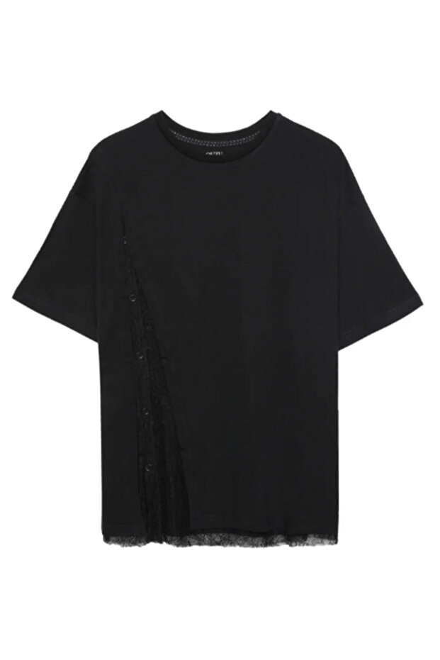Siyah Dantel Detaylı Basic T-Shirt - 1