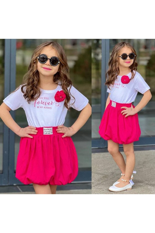 Girl Child Top and Bottom Suit Balloon Skirt Lapel Flower Detail Fuchsia Color T-Shirt
