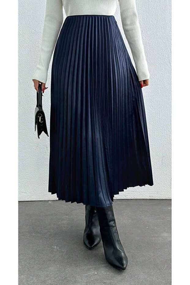 Fusta lungă plisată cu aspect piele - 1