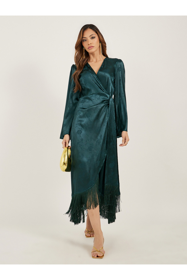 Satin Tassel Detail Long Sleeves Wrap Maxi Dress