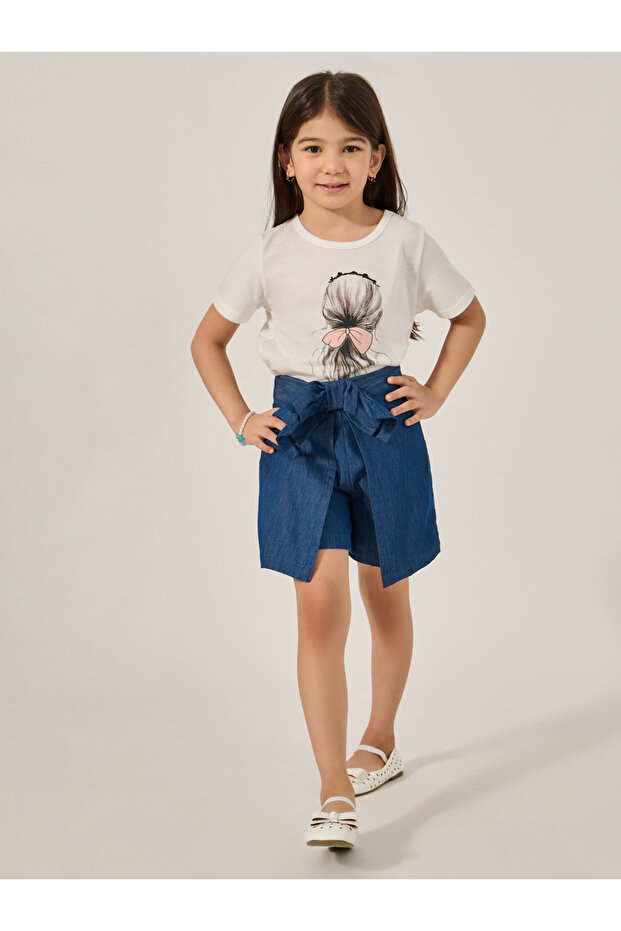 تنورة جينز مزينة بفيونكة سادة - 2