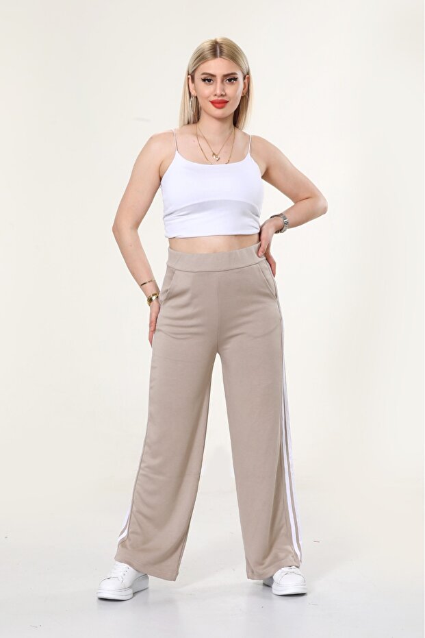 Women's Side Striped Wide-Leg Comfortable Sweatpants - Beige