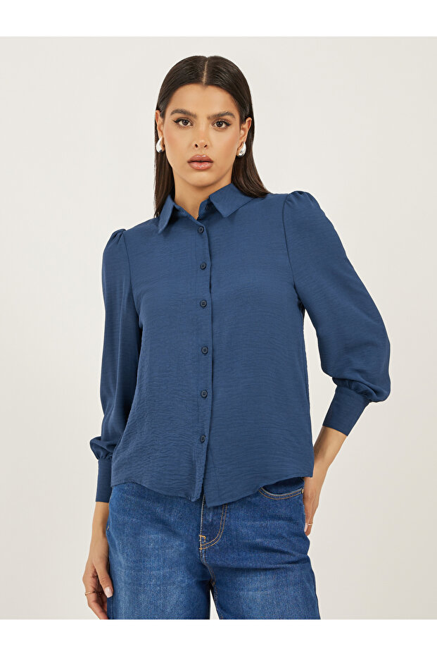 Navy Blue Solid Long Sleeve Blouse - 2