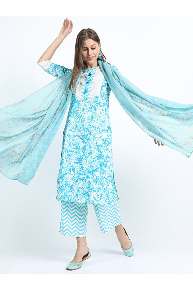 Women's Turquoise Blue Printed Kurta Set with Palazzo and Dupatta