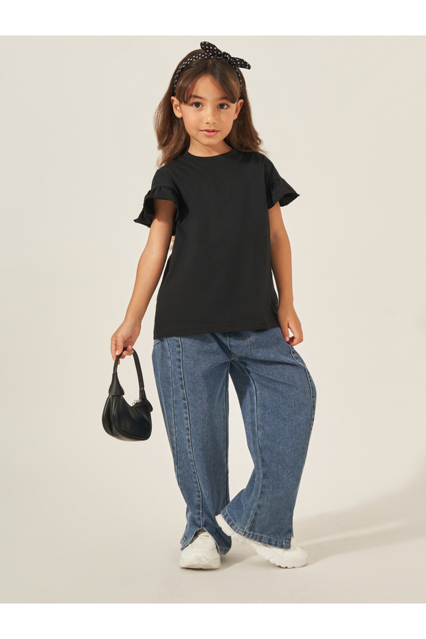 Solid Dropped Shoulder T-Shirt with Ruffled Detail