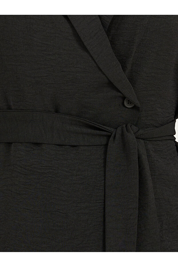 Black Solid Wrap Belted Blouse - 3