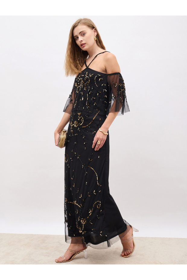 Embellished Halter Neck Cape Sleeve Mermaid Maxi Dress