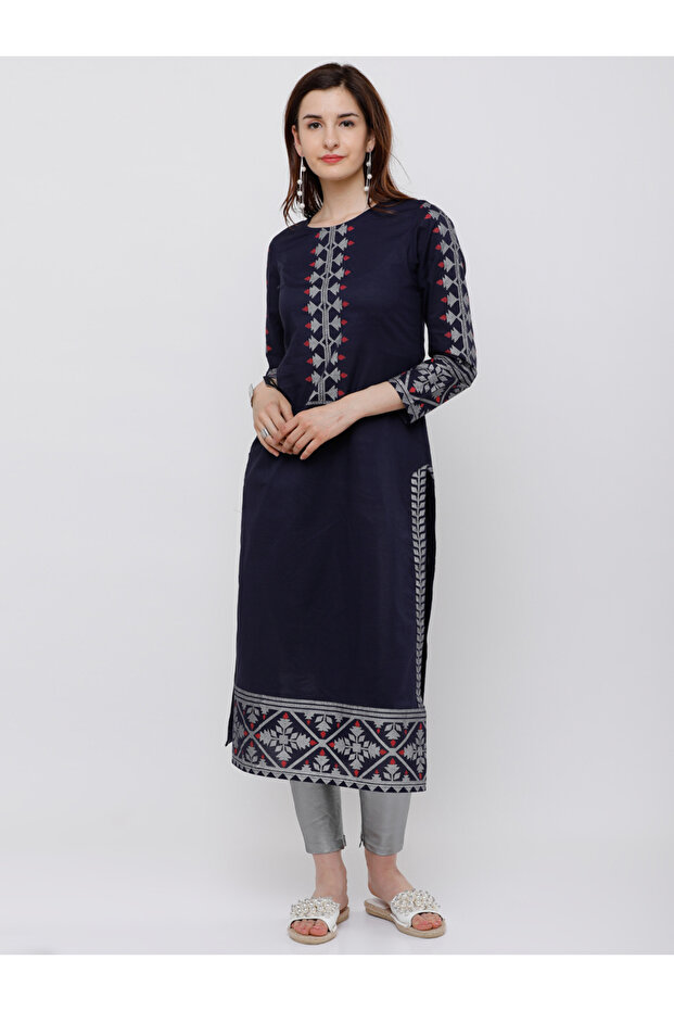 Vishudh Women Navy Blue Yoke Design Straight Kurta