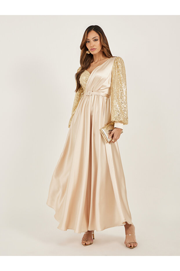 Sequin Embellished Long Sleeves A-Line Maxi Dress