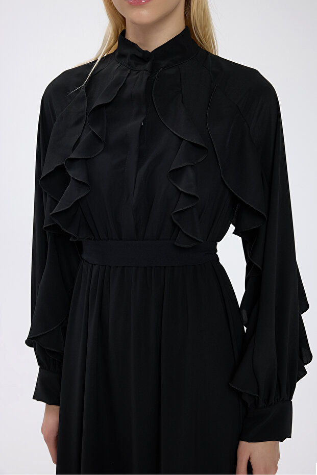 Siyah Volanlı Royal Elbise - 6