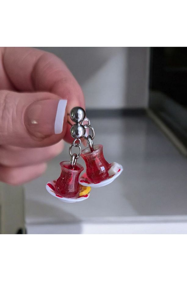 Çay Keyfi Küpe - Çelik Top Küpe Aparatı -El Yapımı 3D Tasarım - 4