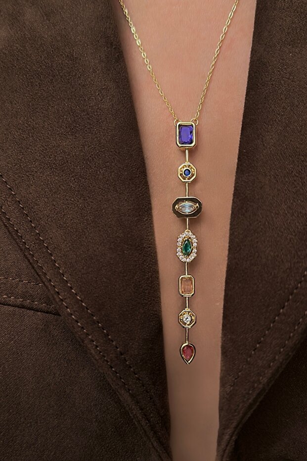 Steel Color Stone Y Necklace