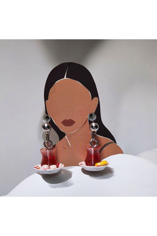 Çay Keyfi Küpe - Çelik Top Küpe Aparatı -El Yapımı 3D Tasarım - 1