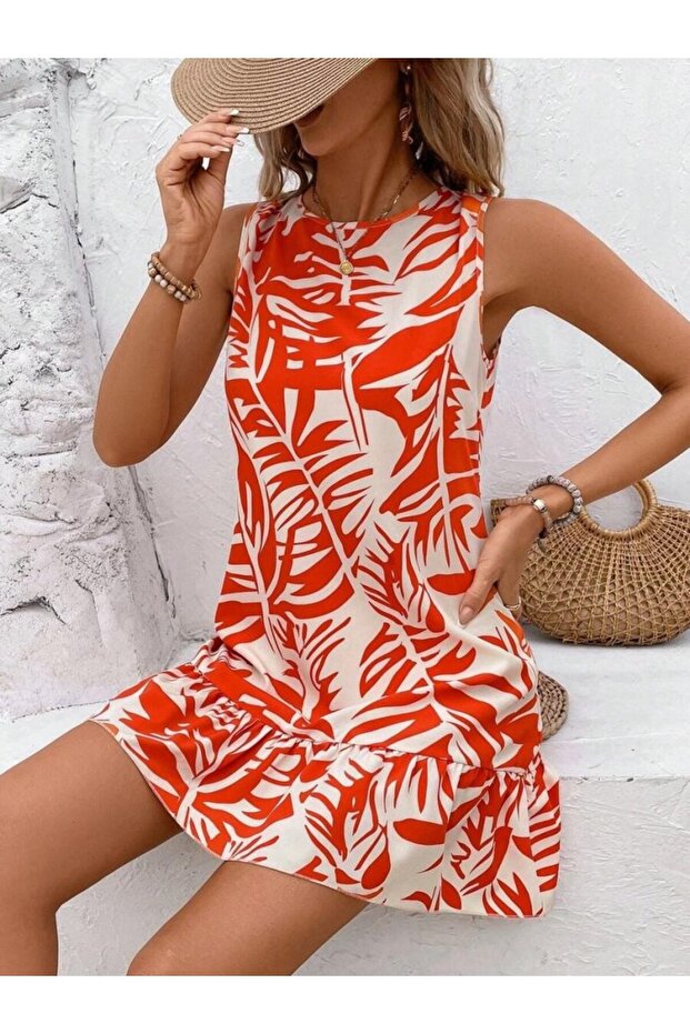 Back Tie Skirt Flounce Design Patterned Mini Sofia Dress - 4