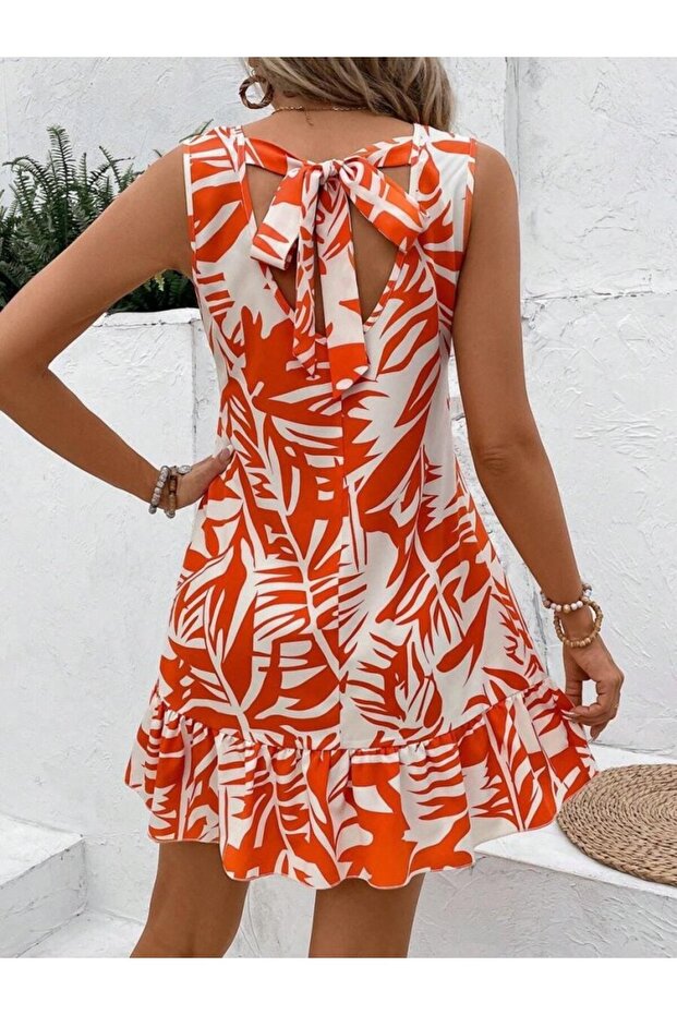 Back Tie Skirt Flounce Design Patterned Mini Sofia Dress - 2