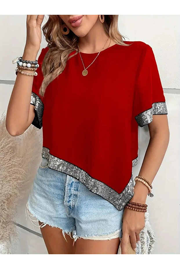 Payetli Kırmızı Bluz - 4