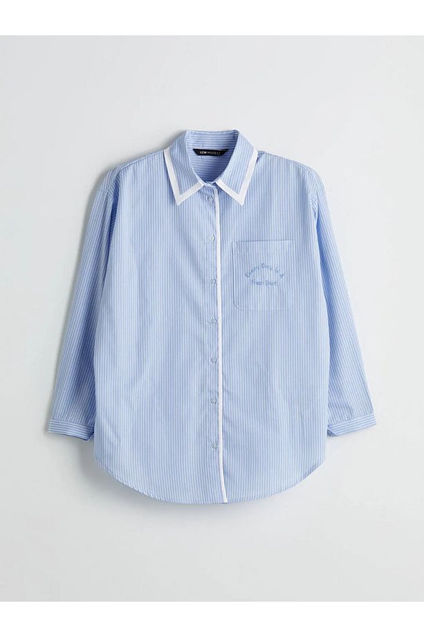 LCW Modest Ekru Çizgili Oversize Poplin Kadın Gömlek Tunik - 3