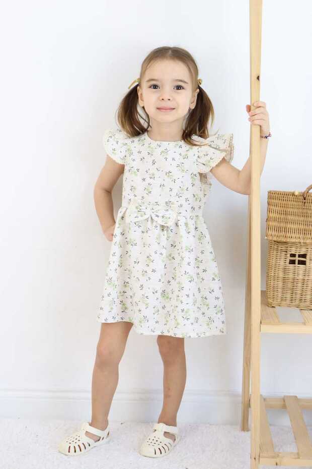 Girl's Dress Eid Dress Floral Patterned Bow Detail Gathered Sleeves 3-6 Years