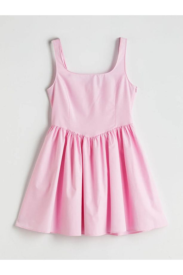 XSIDE Pembe Kare Yaka Poplin Mini Elbise - 1