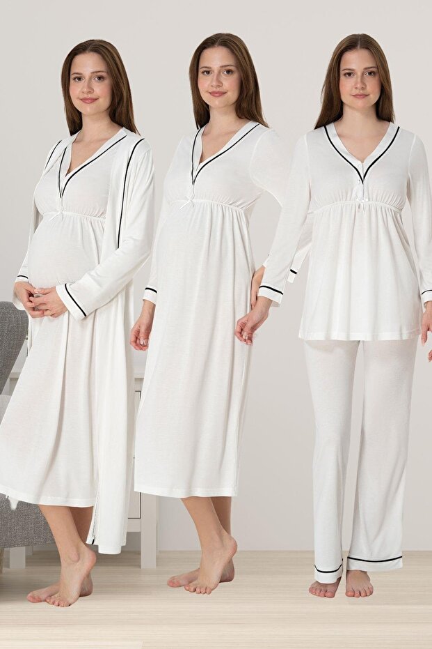 Women's Ecru Special Design Maternity Dressing Gown, Pajama Set, Nightgown Set of 4