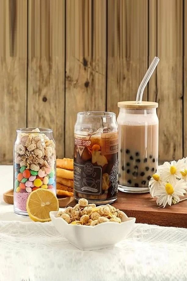 2'Li Isıya Dayanıklı Cam Pipetli Bambu Kapaklı Bubble Tea Ve Borosilikat Bardak 550 Ml. - 2