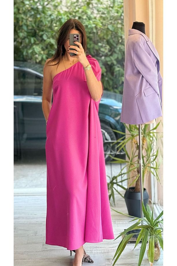 Pembe Tek Omuz Uzun Boy Elbise - 4
