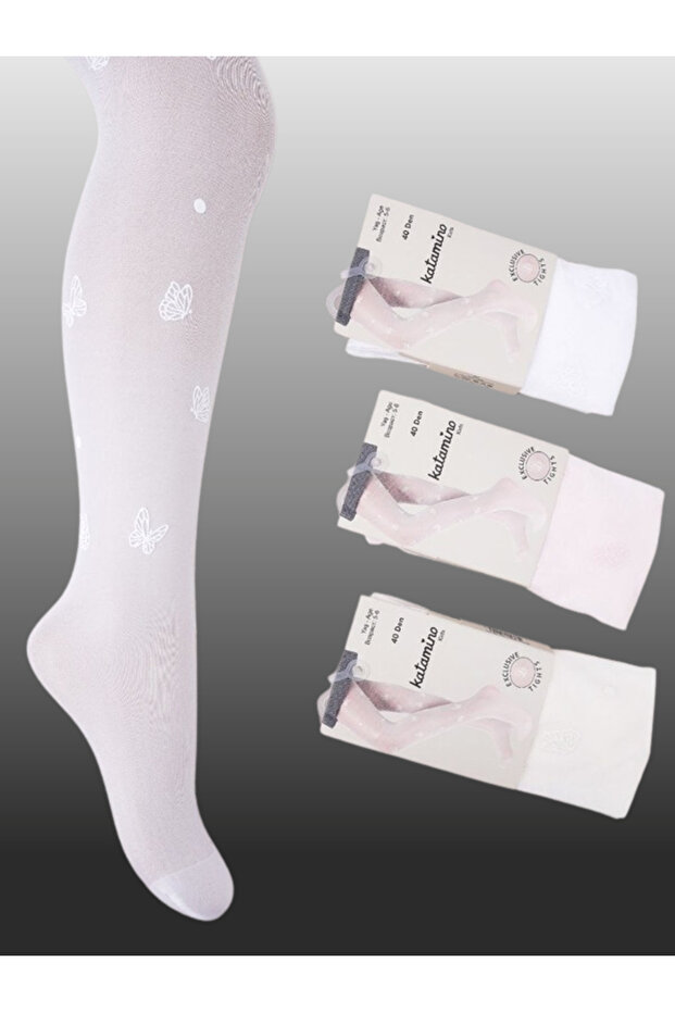 1 Pack Girls' Thin Butterfly Pattern Detailed Pantyhose Cream