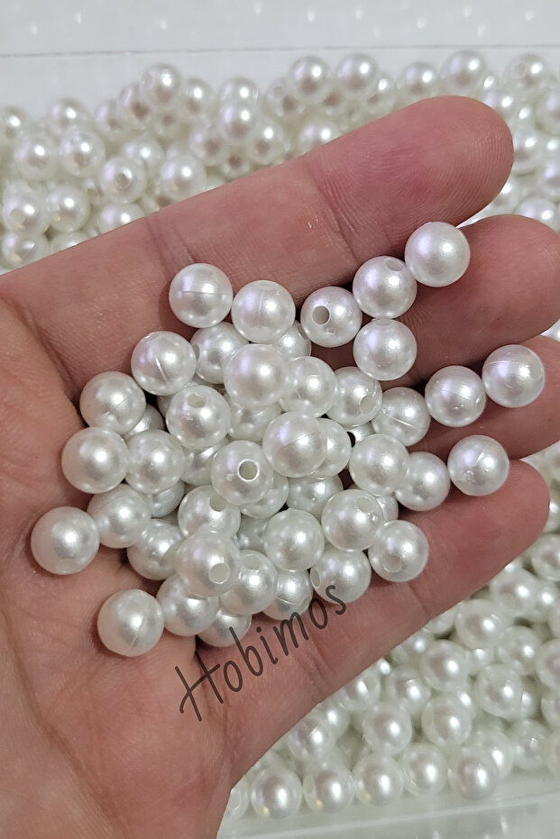Hobimos 100 Adet 8 mm Beyaz Lüks Delikli İnci - 8 mm Lüks Delikli Takı Aksesuar Yapım Boncuğu